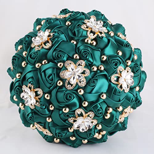 One Big Size(8.26") Gold Diamond Bridal Wedding Bouquet Bridesmaid Toss Bouquet Foam Rose Bouquet with Ribbon W666-21 Emerald Green - color: Emerald Green
