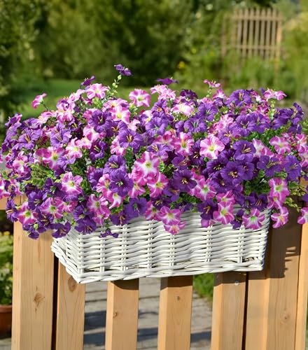 Artificial Flowers for Outdoors Fake Plants Outside Decoration, 20 Bundles Silk Petunia with Eucalyptus UV Resistant Realistic Faux Flowers for Outdoor Planters Garden Balcony Yard Porch Patio, Mix - color: 10 Purple, 10 Gradient Fuchsia