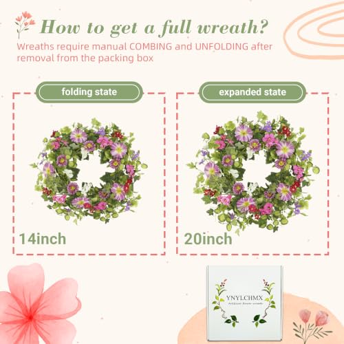 YNYLCHMX 20" Spring Summer Wreaths for Front Door, Artificial Floral Wreath with Pink Daisy & Green Eucalyptus Leaves, Green Foliage Wreath for Wall Window Farmhouse Party Holiday Home Decor - color: Pink Daisy
