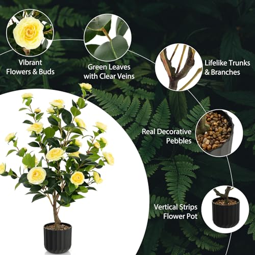 Goplus 38’’ Artificial Camellia Tree, Flower Plants Artificial Tree, Faux Floral Plant Blooming Tree in Cement Pot, Greenery Potted Plant for Indoor Outdoor Office Home Porch Decor - color: Yellow, size: 38 inch