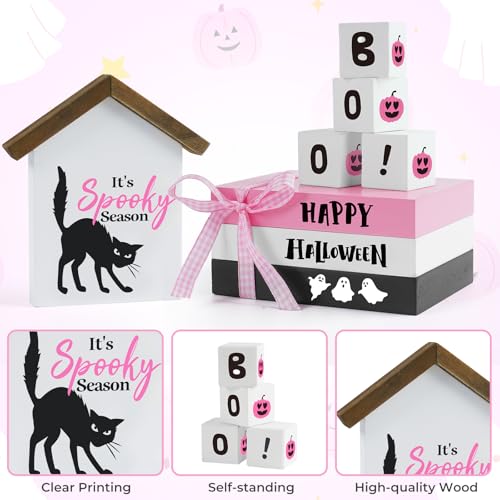 nuvagiki Halloween Decorations, 8 Pcs Pink Halloween Tiered Tray Decor, Spooky Black Cat Book Stack Wooden Decoration for Home Indoor, Rustic Pumpkin Faux Books Kitchen, Office, Table Decor - color: Pink