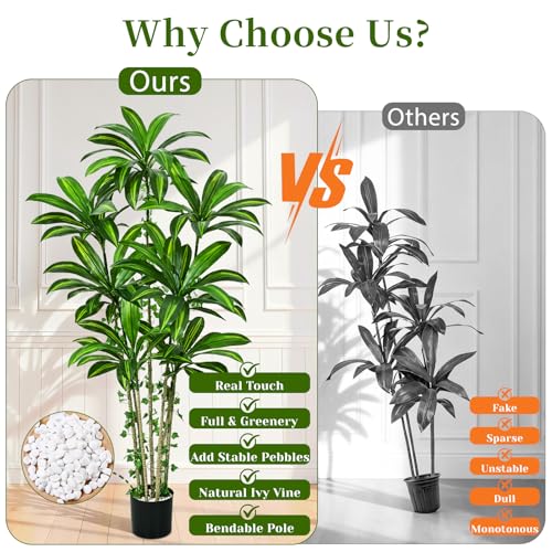 Dolicer 6FT Tall Look Real Artificial Dracaena Tree Indoor with Black Planter, Realistic Artificial Fake Faux Indoor Plants with Natural Trunk and Lifelike Leaves for Home Office Living Room - size: 6FT
