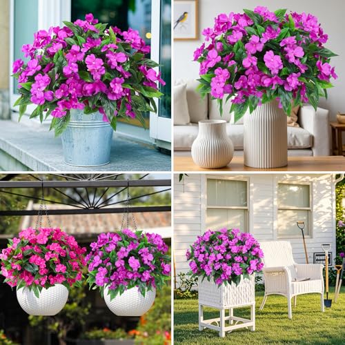 Ouddy Decor 6 Bundles Artificial Impatiens Flowers for Outdoors Decoration, Silk Flowers Bouquet Fake Plants UV Resistant for Spring Summer Garden Porch Window Box Balcony Home Decor, Fuchsia - color: Fuchsia