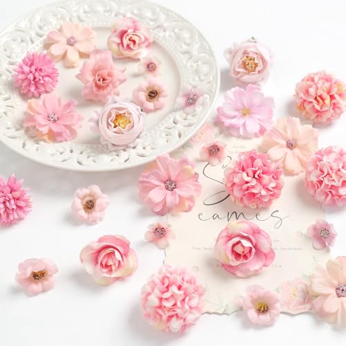 rongflower Faux Flower Heads Mini Pink Artificial Flower Heads Fake Peony Daisy Rose Flowers Multicolor Small Silk Daisy Flower Heads for Craft Garland Wedding Party DIY Home Decoration,2-4 cm - color: Pink