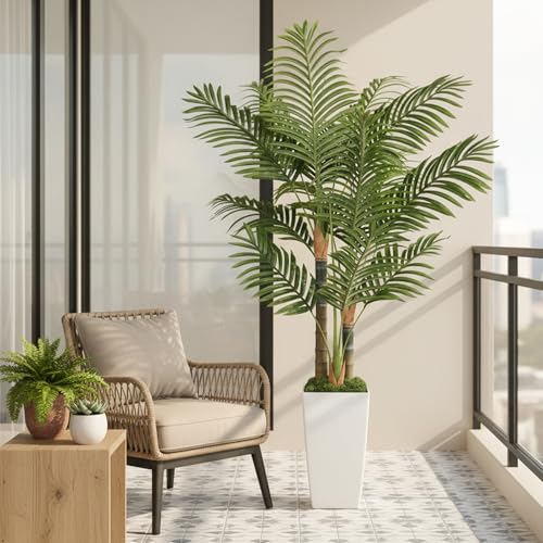 5ft Artificial Palm Tree Indoor Plant，Triple Faux Tropical Areca Floor Plant in Pot，Artificial Plants with Lifelike Leaves for Home Office Decor - color: White, size: 5ft
