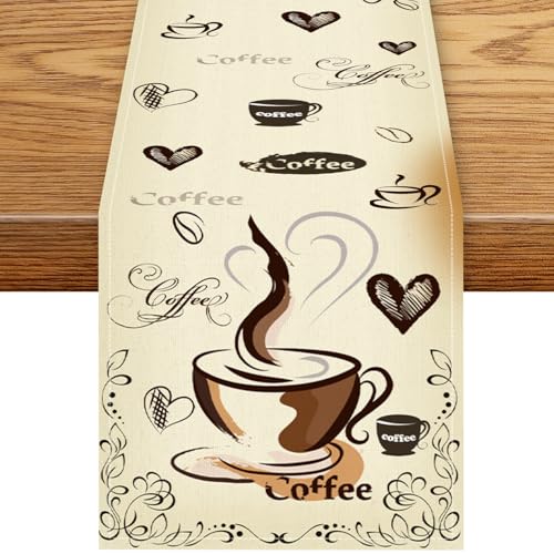 Coffee Theme Table Runner, Farmhouse Brown Coffee Time Cafe Cup Tea Bean Drinks Rustic Vintage Table Center Decor for Family Outdoor Holiday Party Table Decorations, 13"x36" - color: Coffee-2, size: 13“ X 36"