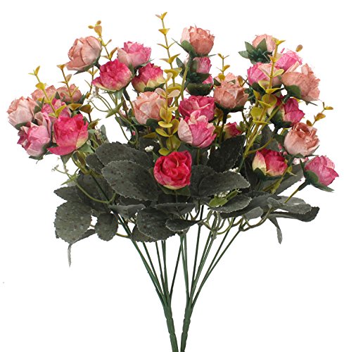Duovlo 7 Branch 21 Mini Rose Heads Artificial Flowers Bouquet Wedding Home Office Decor,Pack of 2 (2 PCS Rose Red) - color: 2 Pcs Rose Red