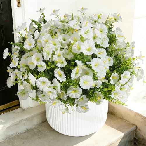 Artificial Morning Glory UV Resistant 36 pcs White Spring Artificial Flowers Outdoors, Realistic Faux Silk Morning Glory Fake Morning Glory Plants for Garden Porch Planters Window Wedding Decor - color: White（with Green Ferns）, size: 36 pcs