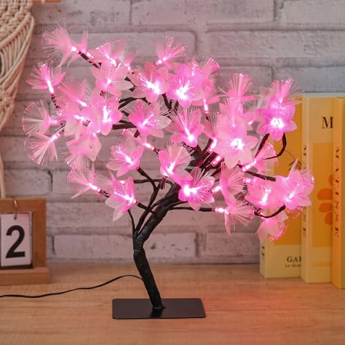 Drawelry Fiber Optic Flower Tree Lamp - 48 LED Table Night Light USB Powered Artificial Flower Bonsai Tree Lamp Bedroom Living Room Decor Valentine's Day Birthday Gift for Women Girls Mother (Pink) - color: Pink