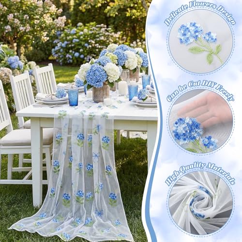 Mindsoft 3 Pcs Hydrangea Floral Table Runner 10ft Gauze Embroidery Blue Hydrangea Decor Flower Spring Summer Tulle Lace Table Runner for Wedding Bridal Baby Shower Holiday Dining Decor DIY - style: Hydrangea