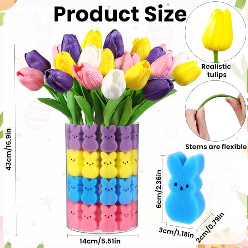 JOICEE Easter Decorations, 15pcs Artificial Tulips with 48pcs Sponge Bunnies Vase Filler Set Fake Tulips Flowers for Easter Decor Spring Home Kitchen Table Centerpieces Decoration