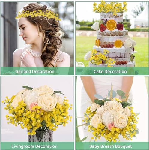 N&T NIETING Babys Breath Artificial Flowers Bulk, 24Pcs Fake Gypsophila Bouquet Flowers Real Touch Faux Babies Breath Arrangement for Wedding Floral Party Home Centerpieces Vase Decoration, Yellow - color: Yellow, size: 24pcs-Standard