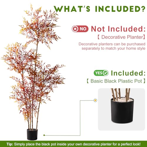 Faux Bamboo Plant Artificial Nandina Tree 6.5FT Artificial Plants Realistic 90% Better Coverage Faux Plant Bamboo Plants Faux Floor Plant in Pot for Home & Office Decor (Red, 6.5ft) - color: Red, size: 6ft 6in
