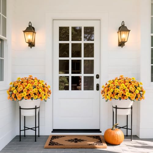 Fake Mums Fall Artificial Flowers for Outdoor Decoration, 6 Bundles Faux Silk Daisy Flowers Realistic UV Resistant No Fade Fall Fake Plants for Home Patio Porch Garden Window Box Decor(Yellow Orange) - color: Yellow Orange