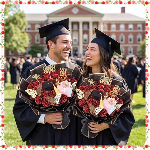 48 Pcs Red Glitter Rose Bouquet DIY Kit, Graduation Gifts for Her Class of 2026, Sparkly Artificial Flowers with Crown 3D Butterflies and Cards, Class of 2026 Senior Graduation Bouquet
