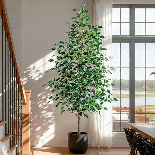 Bailikang 7FT Artificial Ficus Trees Indoor Faux Trees Indoor Fake Floor Plants Tall Artificial Tree with White Pot Faux Tree Fake Indoor Tree Silk Plants Artificial Trees for Home Decor Indoor - color: Green Leaf With White Pot, size: 7ft