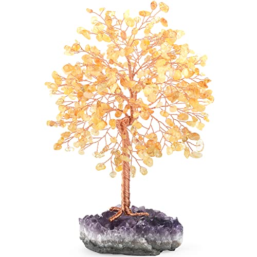 Gemstone Crystal Tree of Life,Natural Citrine(406 Stones Count) with Amethyst Cluster Base,Chakra Healing Crystals Positive Energy Fengshui Bonsai Money Tree Gift 8.5"-9" - color: Citrine With Amethyst Cluster Base