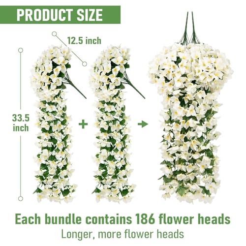 ATTGREAT Artificial Bougainvillea for Outdoors Faux Plants UV Resistant Flowers Fake Plastic Plants Realistic Silk Flowers for Porch Planter Garden Outside Hanging Decoration, 2Pcs (White) - color: White