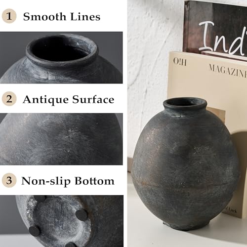 PORCER Ceramic Flower Vase, 6.22 Inch Rustic Farmhouse Vase Home Decor, Handcrafted Vintage Pottery Vase, Small Terracotta Vases for Living Room, Table, Shelf, Fireplace - Black Bronze - color: Black Bronze- 6.22"