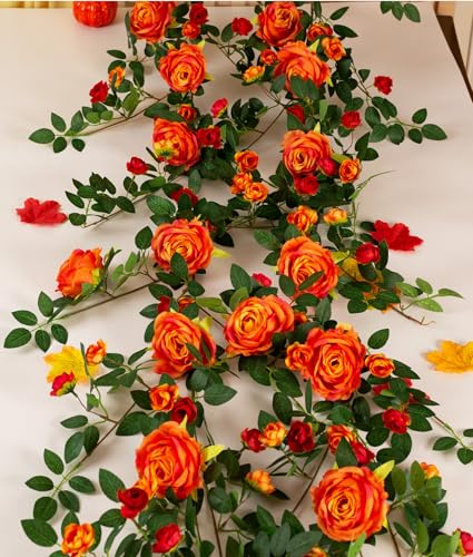 2 PCS 12FT Bendable Flower Garland, Artificial Rose Vine Hanging Floral Garland Decoration for Weding Home Room Wall Decor (Orange, 2pcs) - color: Orange, size: 2pcs