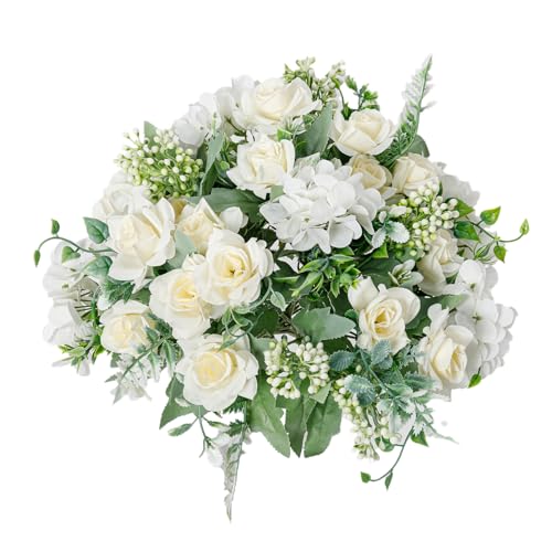 Artificial Flower 4 Packs 5 Branches Silk Fake Flowers Bouquet Small Roses for Wedding Home Office Tables Decor (White) - color: White-1