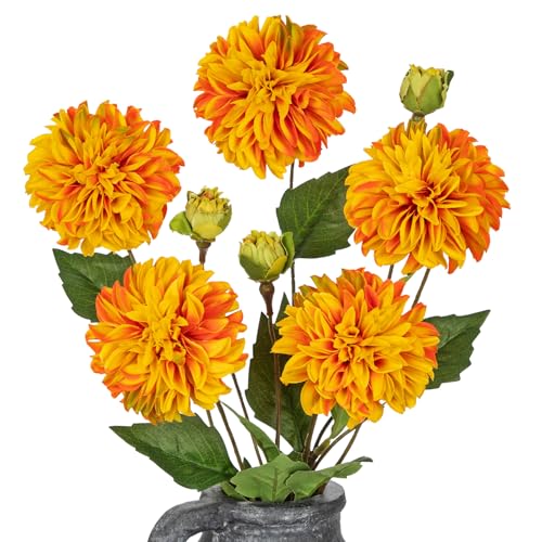 Hollyone Orange Dahlia Artificial Flowers 5Pcs Fake Dahlia Flowers for Decoration Silk Flower with Long Stem 17.7" Floral Arrangements Bouquets Indoors Outdoors Faux Dahlias Centerpieces Home Decor - color: Orange