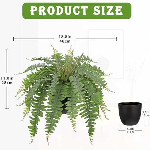 Hollyone Artificial Fern Plants in Pot 18.8" Small Artificial Boston Fern 24 Leaves for Outdoors & Indoor Faux Potted Plant Fake Ferns Bush Plant Patio Garden Farmhouse Porch Home Decor Dusty Green - color: Black Pot - Dusty Green Small