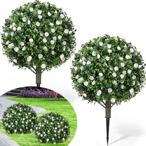 Lunmon 2 Pack 24" Artificial Topiary Ball Plants Trees with Flowers, Outdoor Fake Topiary Plants with Ground Spike, UV Resistant Faux Bushes for Indoor Outdoor Front Door Decor (White,Rose) - color: White, style: Rose