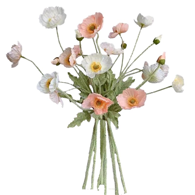 6pcs Artificial Poppy Flowers Spring Flowers Real Touch Flowers Silk Fake Poppy Flowers with Stems Faux Poppy for Home Table Centerpieces Floral Arrangement Wedding Bouquet Mixed Decoration - color: Pink-white
