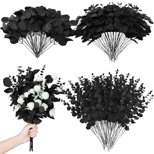 Giegxin 180 Pcs 3 Kinds Mixed Artificial Eucalyptus Leaves Stems Bulk Silver Dollar Leaves Picks Dried Eucalyptus Bundle Faux Spray for Wedding Vase Bouquet Floral Arrangement (Black) - color: Black