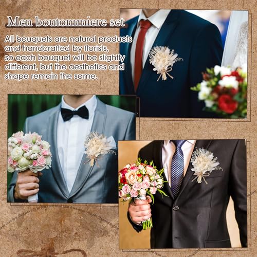 Yinkin 12 Pcs Mini Dried Flower Bouquet for Boho Floral Wedding 6'' Small Dry Pampas Grass Handmade Tiny Dried Flower for Crafts DIY Boutonniere Table Centerpieces Bridesmaid Gift Box(White,Classic) - color: White, style: Classic