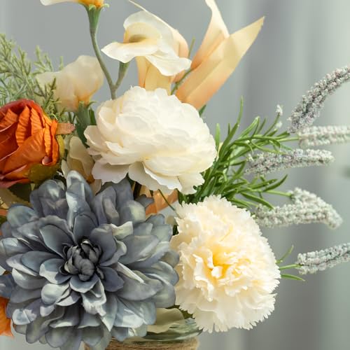 LESING Dahlia Flower Aritificial Flower with Vase Fake Silk Flowers in Glass Vase Faux Rose Flowers Arrangement for Home Office Table Centerpiece Decoration (Blue) - color: Blue