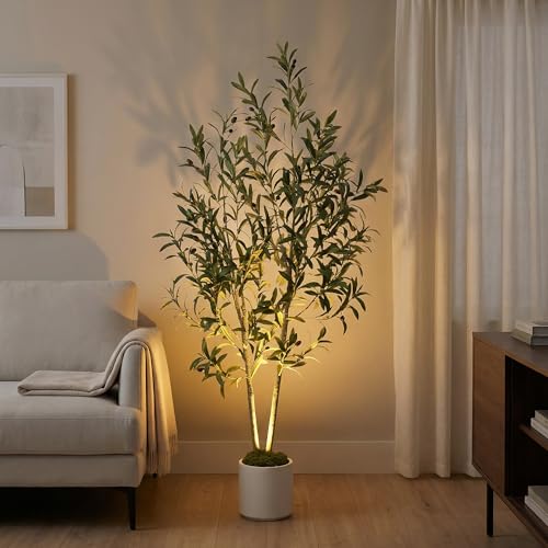 5ft (150 cm) Artificial Olive Tree with White Pot, Moss & USB LED – 711 Leaves, 40 Olives, Realistic Fake Indoor Potted Plant for Home, Bedroom, Office & Living Room Decor - size: 5ft (150 cm)