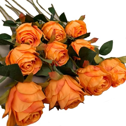Artificial Roses 10 Pcs - Lifelike Single Stem Fake Roses with Natural Petal Texture,Fade-Resistant Silk Flowers for Wedding Decor,Home Vase Arrangements,Party Centerpieces(10, Orange) - color: Orange