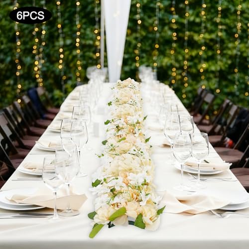 Wedding Arch Artificial Flowers Panels, 6pcs Silk Rose Floral Wall Backdrop, 13.8 x 13.8in Artificial Flowers Garland for Wedding Party Table Decoration, White (Champagne Color, 6 Pcs) - color: Champagne Color, size: 6 Pcs