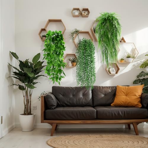 Daifunli 8 Pcs Artificial Hanging Plants Fake Hanging Ferns Plastic Faux Plants for Wall Room Garden Garland Indoor Outdoor Decor No Basket (Boston,Eucalyptus,Ivy Vine,String of Pearls) - style: Boston, Eucalyptus, Ivy Vine, String of Pearls