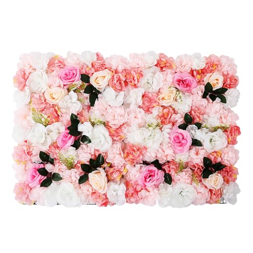 DNYSYSJ Flower Wall 12PCS 23.62" x 15.75" x 0.79" Lifelike Pink Hydrangea Artificial Pink Rose Flowers Panel Silk Fabric Wall Mat - color: Pink and White, size: 12 pieces