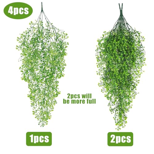 RECUTMS Pack of 4 Ferns Artificial Plants Large Artificial Hanging Plants Faux Ivy Vine Fake Greenery Wall Plants with LED Lights for Room Garden Patio Porch Bathroom Kitchen Decor (Green) - color: Green-light