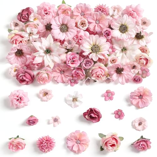 rongflower Mini Artificial Flowers for Crafts, 90 Pcs Rose Pink Silk Fake Flowers Assorted Faux Roses Peonies Daisies Bulk for Wedding Decor Graduation Cap Cake Topper Baby Shower Home DIY - color: Rose Pink