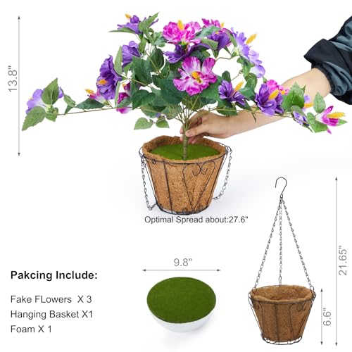INXUGAO Artificial Flowers for Outdoors Indoors,3 Bunches Fake Hibiscus with Hanging Basket Realistic UV Resistant Silk Flower Leaves,Faux Plant for Outside Home Patio Garden Poch(Purple,Fuchsia) - color: Hibiscus T-3 Bunches Dk. Purple & Lt. Purple & Fuc