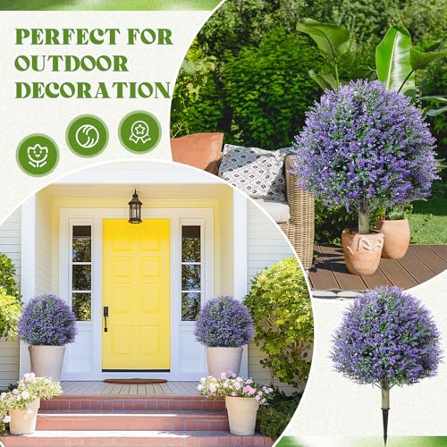 Lunmon 2 Pack 24" Artificial Topiary Ball Plants Trees with Flowers, Outdoor Fake Topiary Plants with Ground Spike, UV Resistant Faux Bushes for Indoor Outdoor Front Door Decor(Purple,Rose) - color: Purple, style: Rose