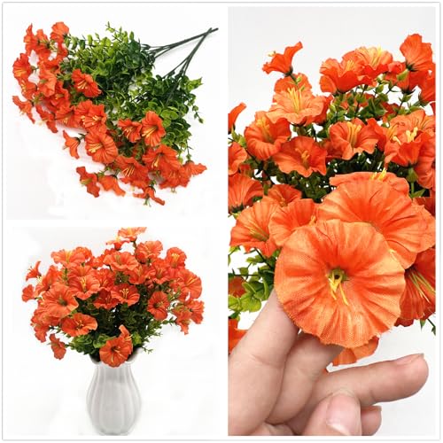 Artificial Flowers for Outdoor Spring Summer Decoration Fake Plastic Flower Plant, Faux Colorful Silk Morning Glory Eucalyptus Greenery Shrubs for Outside Garden Porch Front Door Decor Orange 8 Pack - color: Morning Glory - Orange - 8 Pack