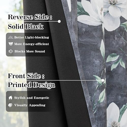 MYSKY HOME 95% Floral Blackout Curtains 63 Inch Long 2 Panels Set for Bedroom - White Flower Printed Thermal Insulated Light Blocking Black Out Grommet Window Treatments, 52" W Each Panel, Deep Grey - color: Deep Grey, size: 52"W x 63"L (Pack of 2)