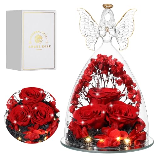 Mothers Day Rose Gifts for Women Preserved Real Flower in Glass Angel Figurines Roses for Delivery Prime Birthday Gifts for Mom Grandma Girlfriend Wife Her, Crystal Red - color: Crystal Red