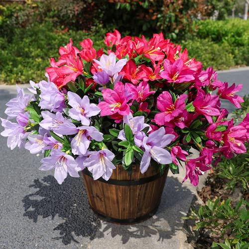 INSPRING Artificial Flowers for Outdoors Outside, 3 Bundles Fake Silk Azalea Flower Realistic UV Resistant Spring Flowers for Decoration Faux Plants for Outdoor Planters Porch Patio Garden Home, Mix - color: Hot Pink+purple Red+light Purple