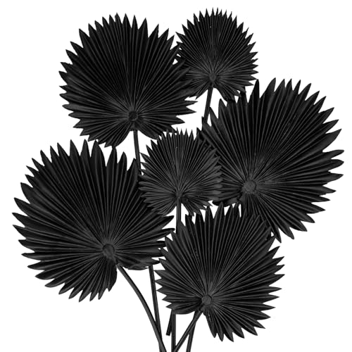 6 Pcs Pu Foam Black Artificial Palm Leaves Faux Palm Tropical Leaves Fake Palm Fronds for DIY Wedding Bouquets Fake Leaves for Centerpieces Arrangements Bridal Shower Palm Leaf for Home Decor - color: Black Palm