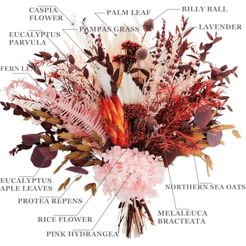 Dried Flower Bouquet, Blush Pink & Burgundy Boho Arrangement, Preserved Hydrangea Eucalyptus Florals for Wedding Bridal Bouquet, Farmhouse Romantic Home Decor Vase Filler - color: Blush Pink & Burgundy Dried Flower Bouquet