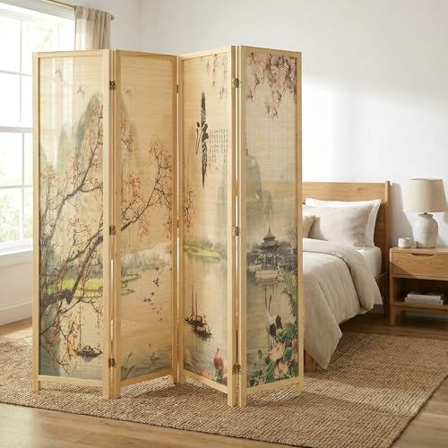 MyGift 4-Panel Folding Bamboo Room Divider Asian-Inspired Cherry Blossom Scene, 6 FT Freestanding Floral Artwork Room Partitioner with Beige Wood Frame - color: Beige (Floral), size: 4 Panel