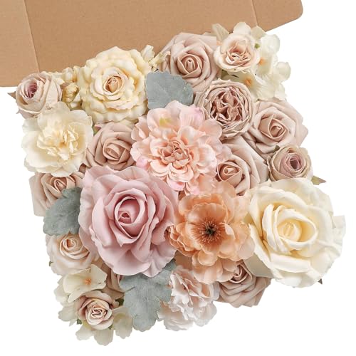 Artificial Flowers Combo Champagne Fake Roses Silk Flowers with Stems for DIY Wedding Bridal Bouquets Floral Arrangement Table Centerpieces Cake Birthday Baby Shower Anniversary Home Decor - color: Beige & Champagne