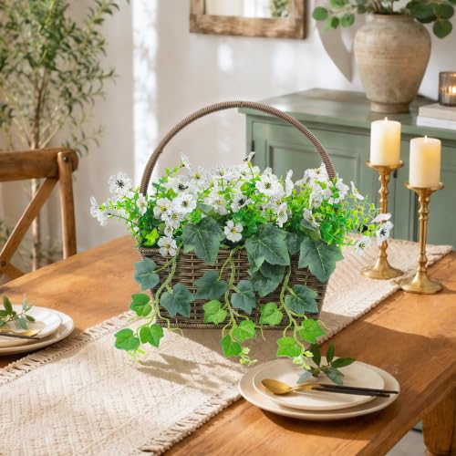 14" H Artificial Plumeria Grape Leaf Flower Basket,50 Silk Floral Arrangements Artificial for Living Room,Office,Wedding & Porch Decor（White）